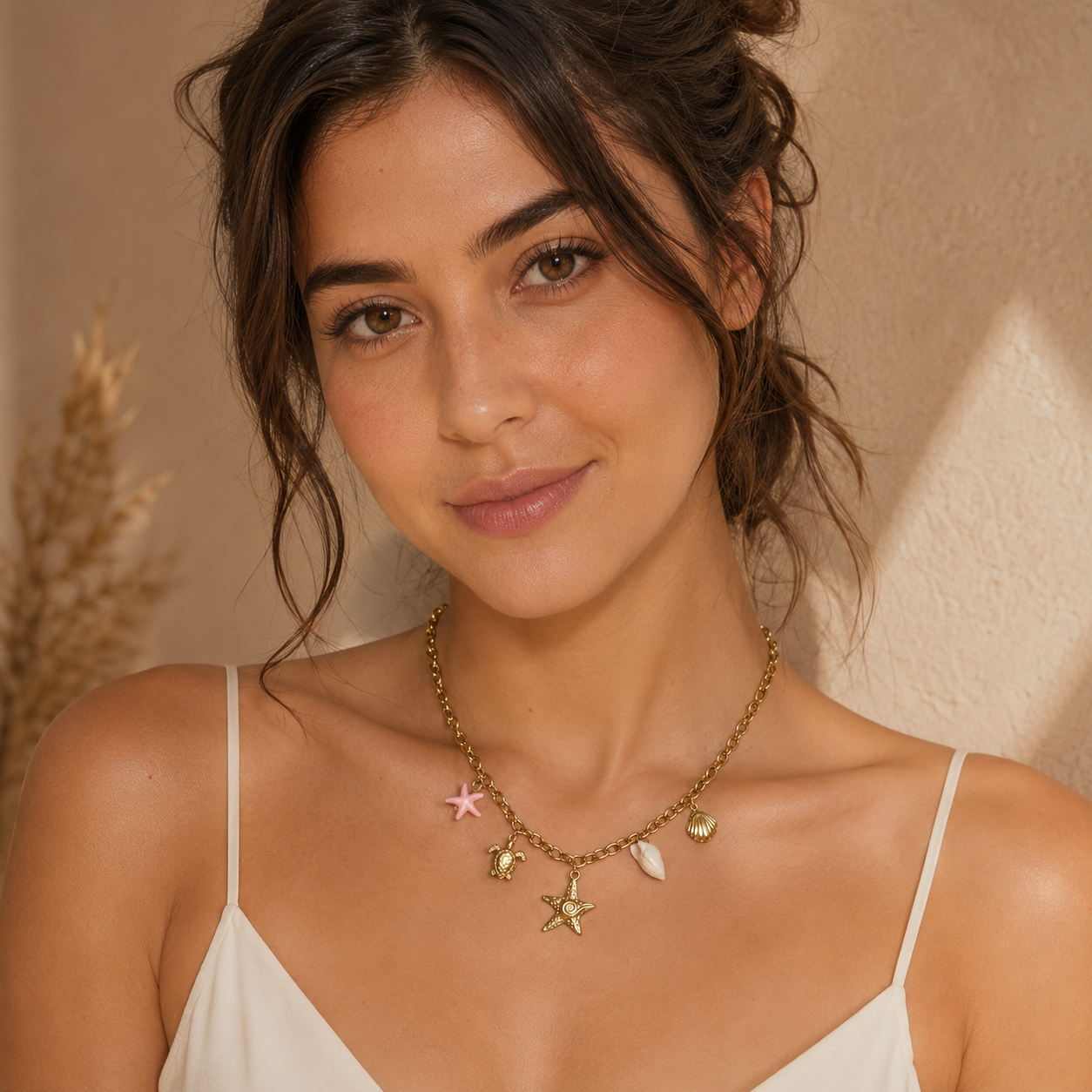Woman wearing a gold necklace with starfish and shell charms against a neutral background