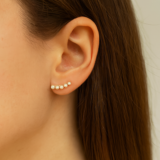 Close-up of an ear wearing a set of pearl earrings with a neutral background