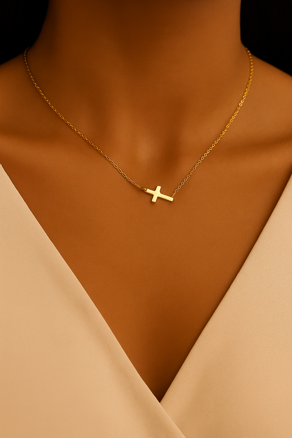 Gold necklace with a cross pendant on a model wearing a beige top.