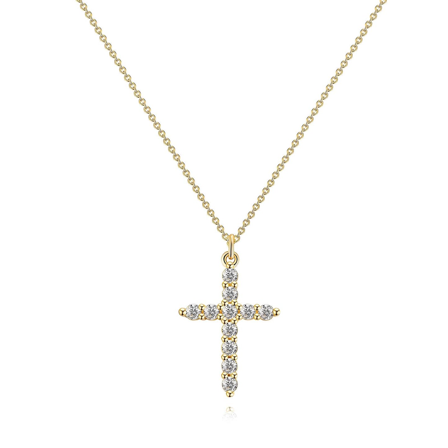 Gold cross necklace with diamonds on a white background