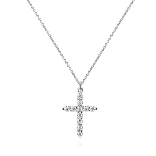 Silver cross pendant necklace on a white background