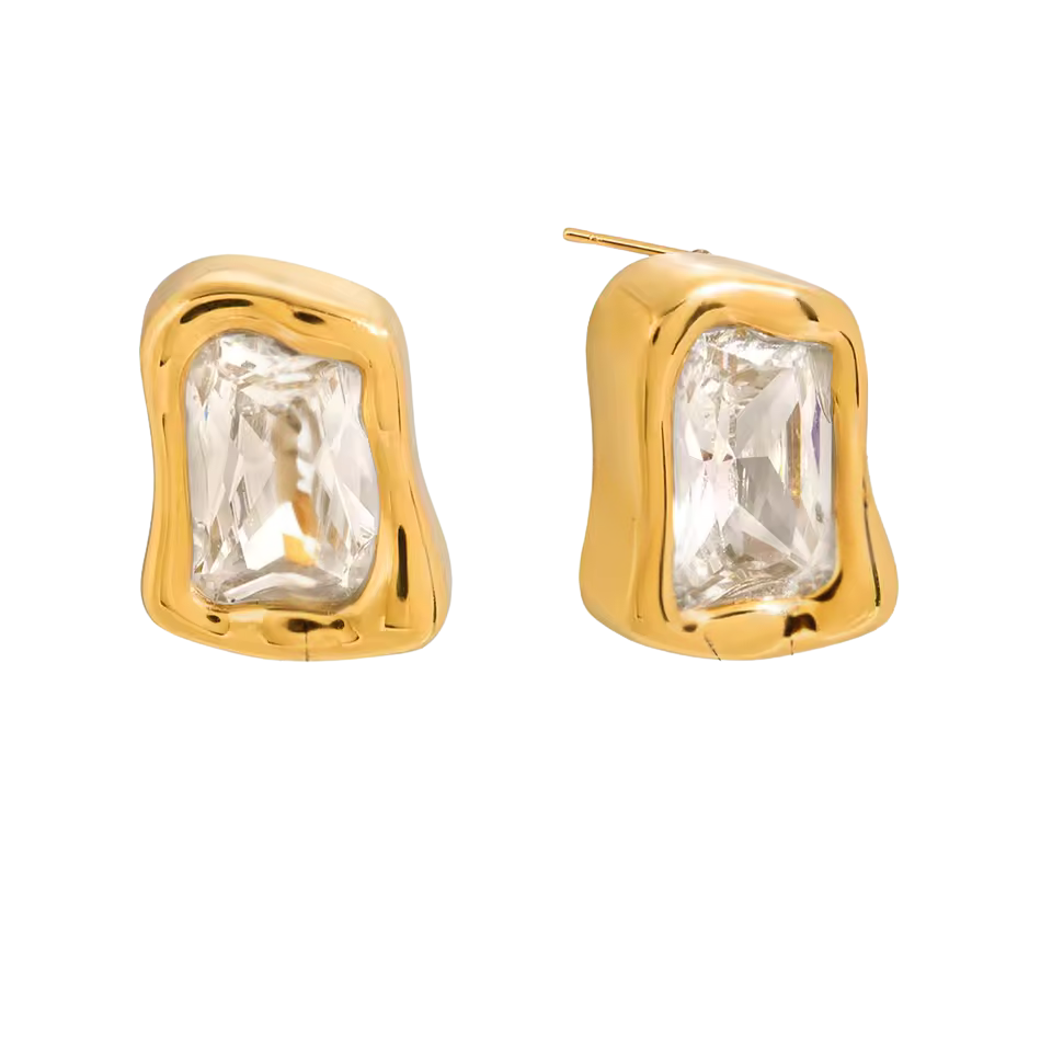 Gold square earrings with clear gemstones on a white background
