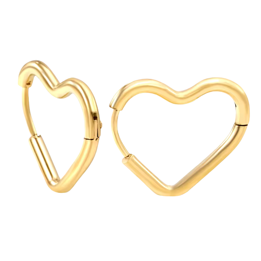 Gold heart-shaped hoop earrings on a white background