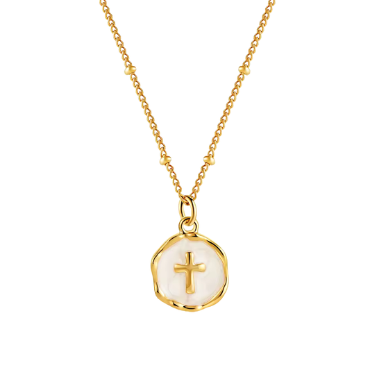 Gold Haven Necklace with pearl-like round pendant and centered cross.