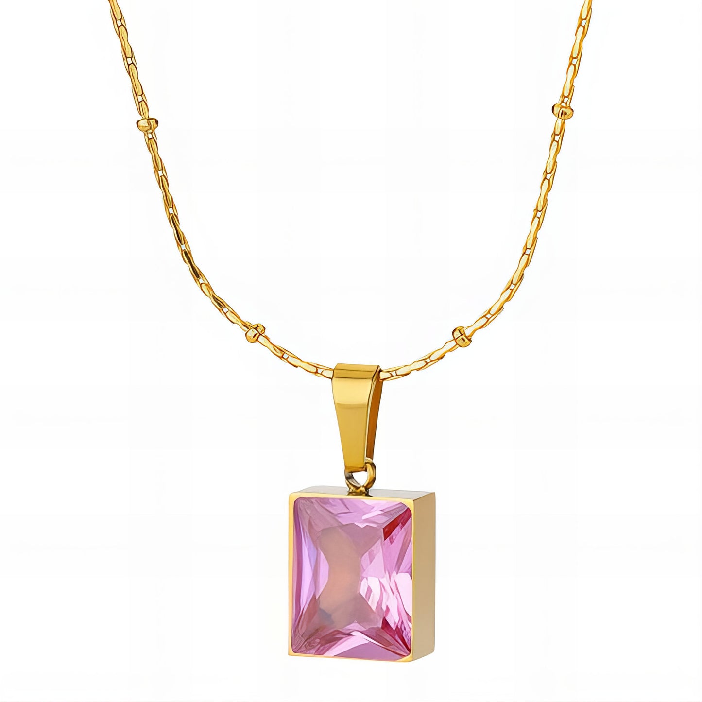 Gold necklace with pink emerald-cut stone pendant, Rosara Necklace by 31:10 Jewelry.