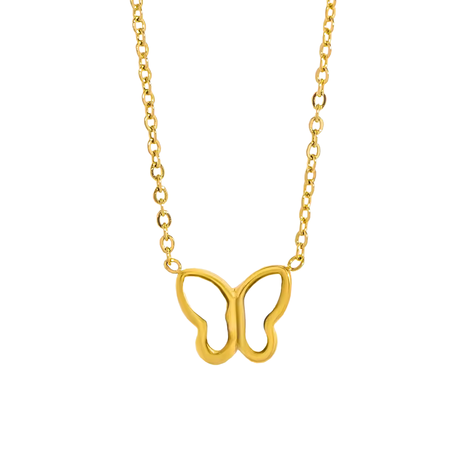 Gold Softwing butterfly necklace and matching butterfly stud earrings with mother-of-pearl detail