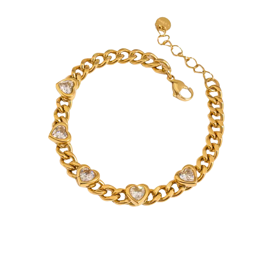 Gold bracelet with heart-shaped charms on a white background