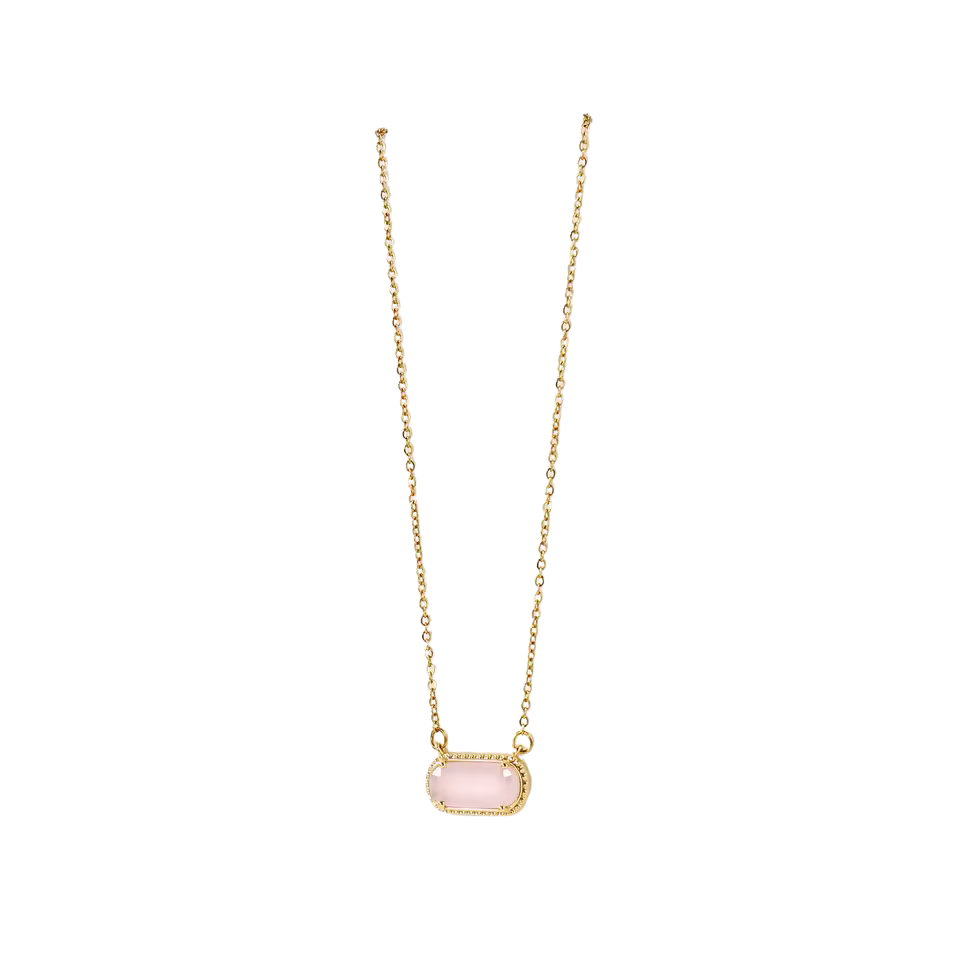 Gold necklace with a pink stone pendant on a white background