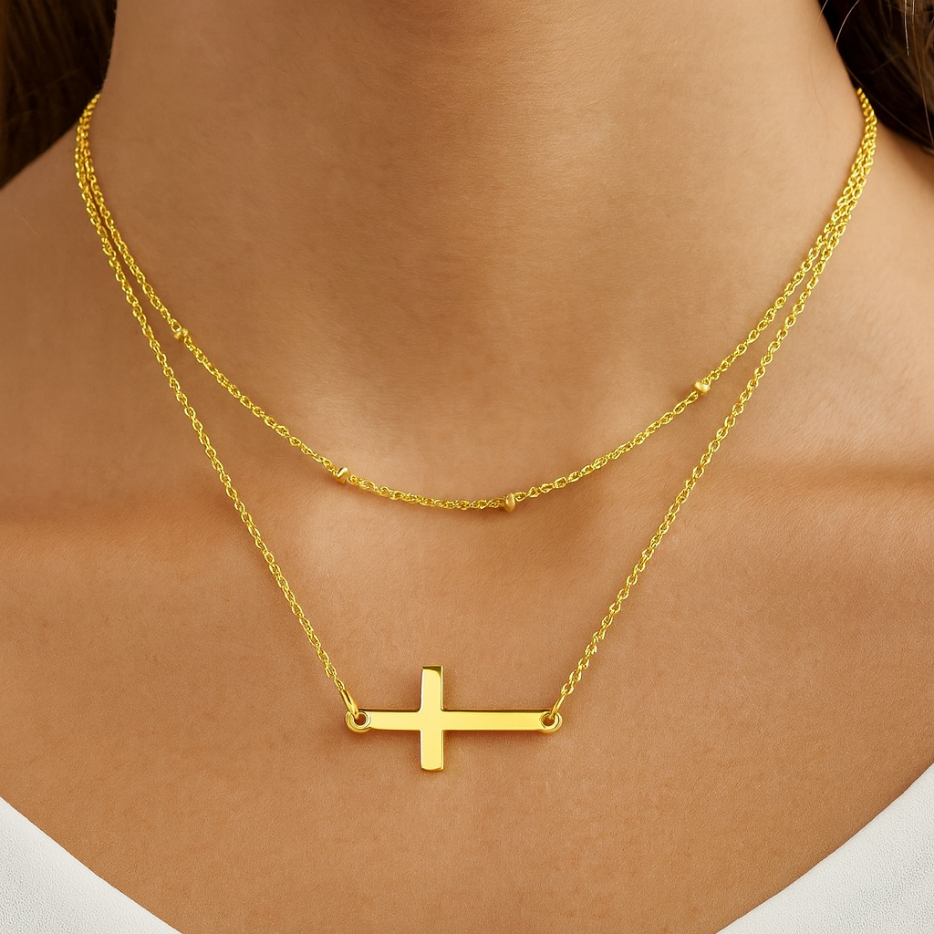 Gold necklace with a cross pendant on a person wearing a beige top.