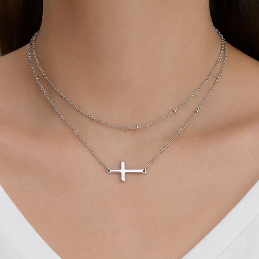silver double layer necklace with side cross