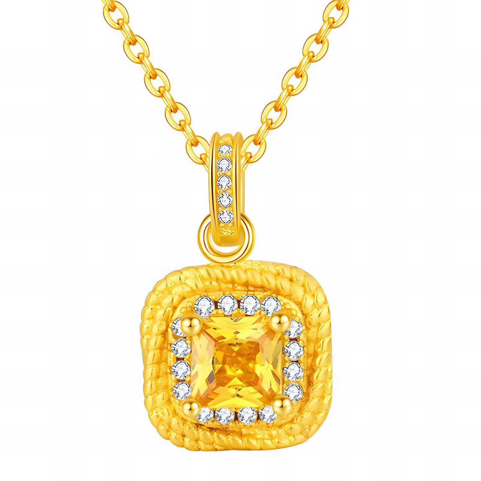 Gold pendant necklace with a yellow gemstone and small diamonds on a white background
