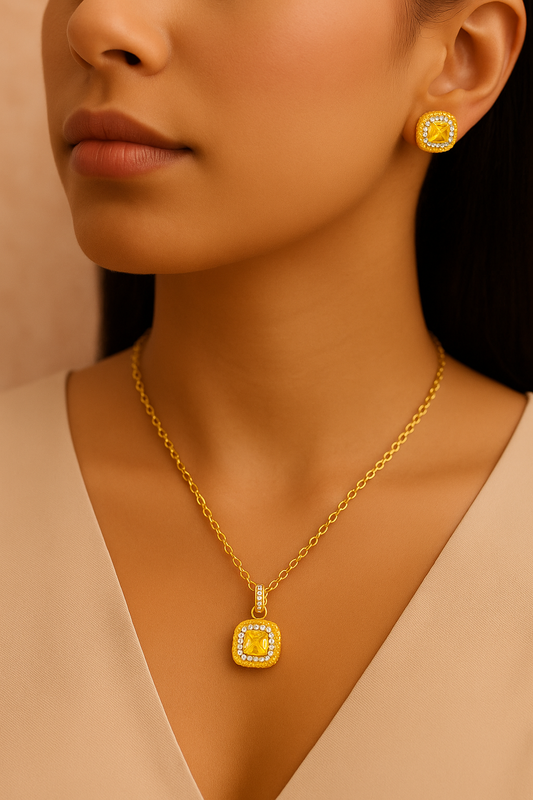 gold square earrings and square pendant with yellow amber stone