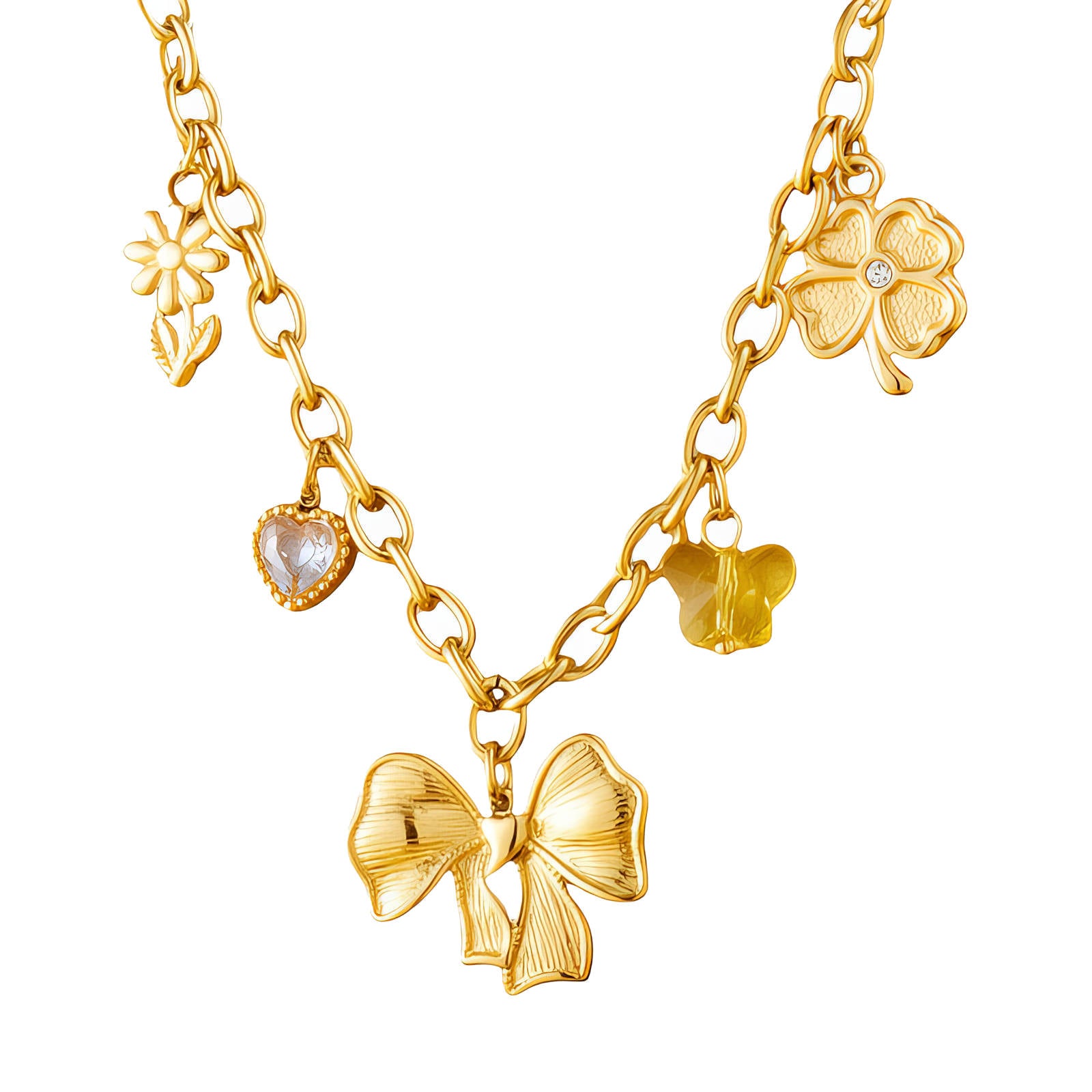 Gold charm necklace with bow, flower, heart, and clover pendants.