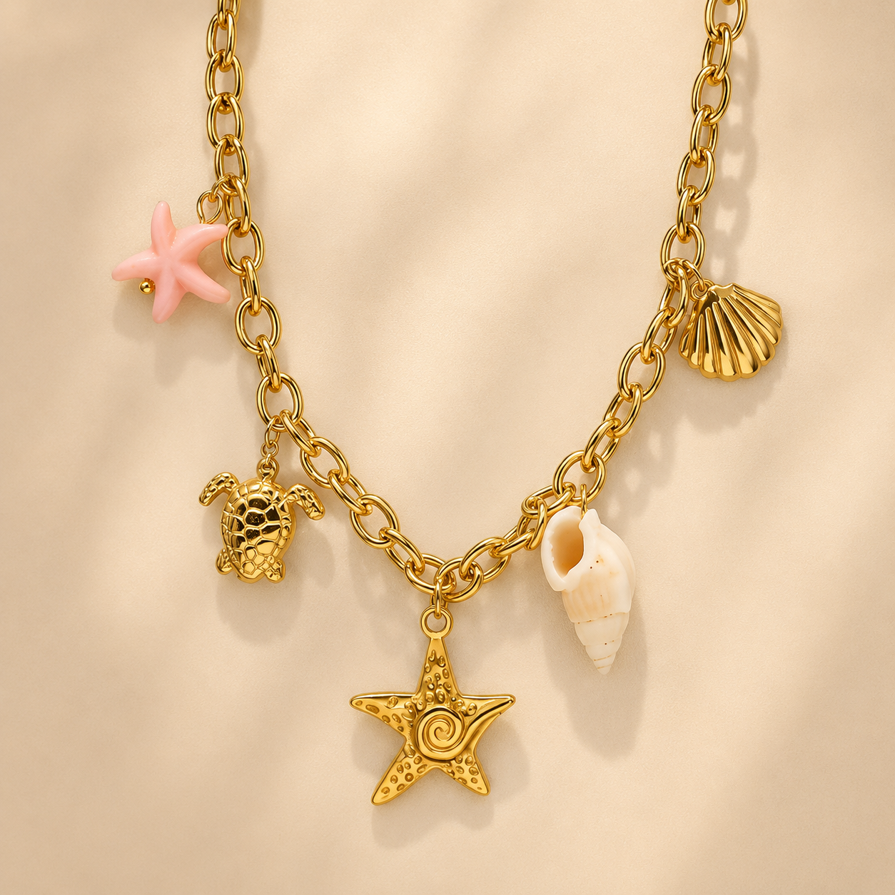 Gold charm necklace featuring a starfish, seashell, conch shell, sea turtle, and pink coastal accent charm.