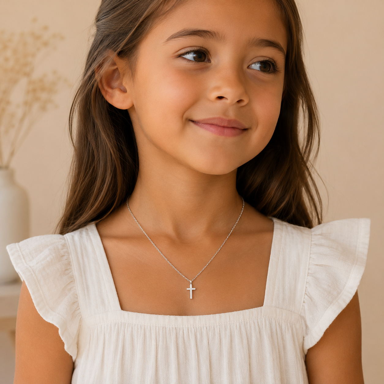 A young girl with brown hair wearing a white ruffle-sleeve top and a delicate silver cross necklace, shown in a warm indoor setting.
