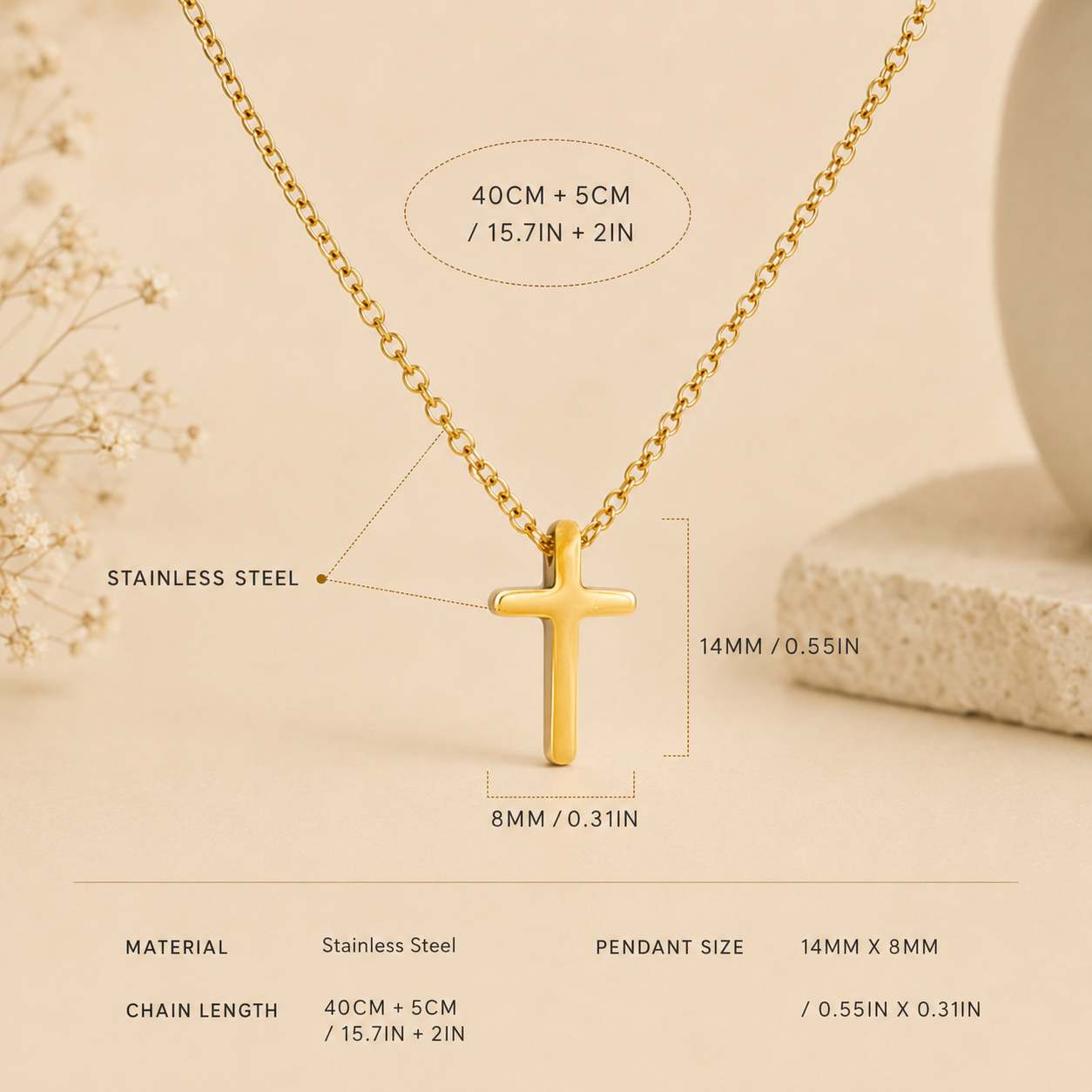 Gold cross pendant necklace on a beige background with measurement annotations showing chain length 40cm+5cm, pendant size 14mm x 8mm, stainless steel material, and product specs listed below.