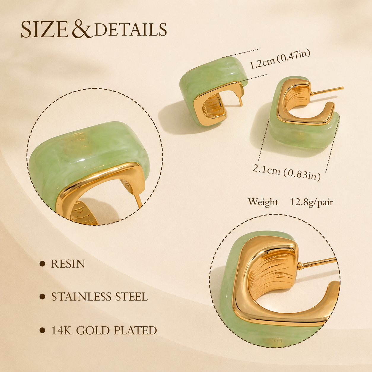 Green earrings with gold plating on a beige background, showing size details and material information.
