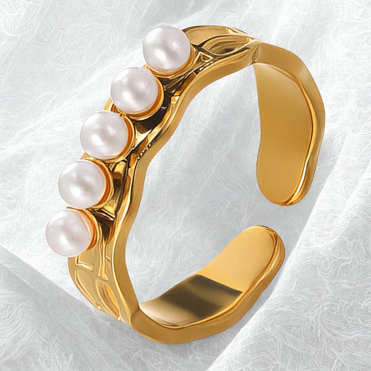 Gold adjustable ring with five pearls – Crestline Ring

