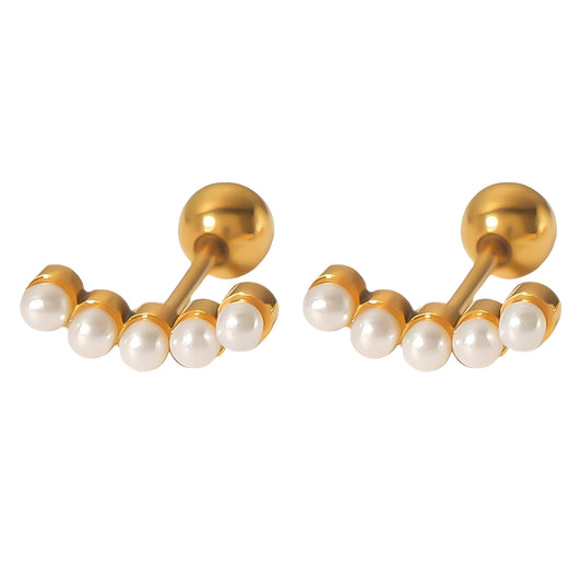 Pair of gold and pearl earrings on a white background