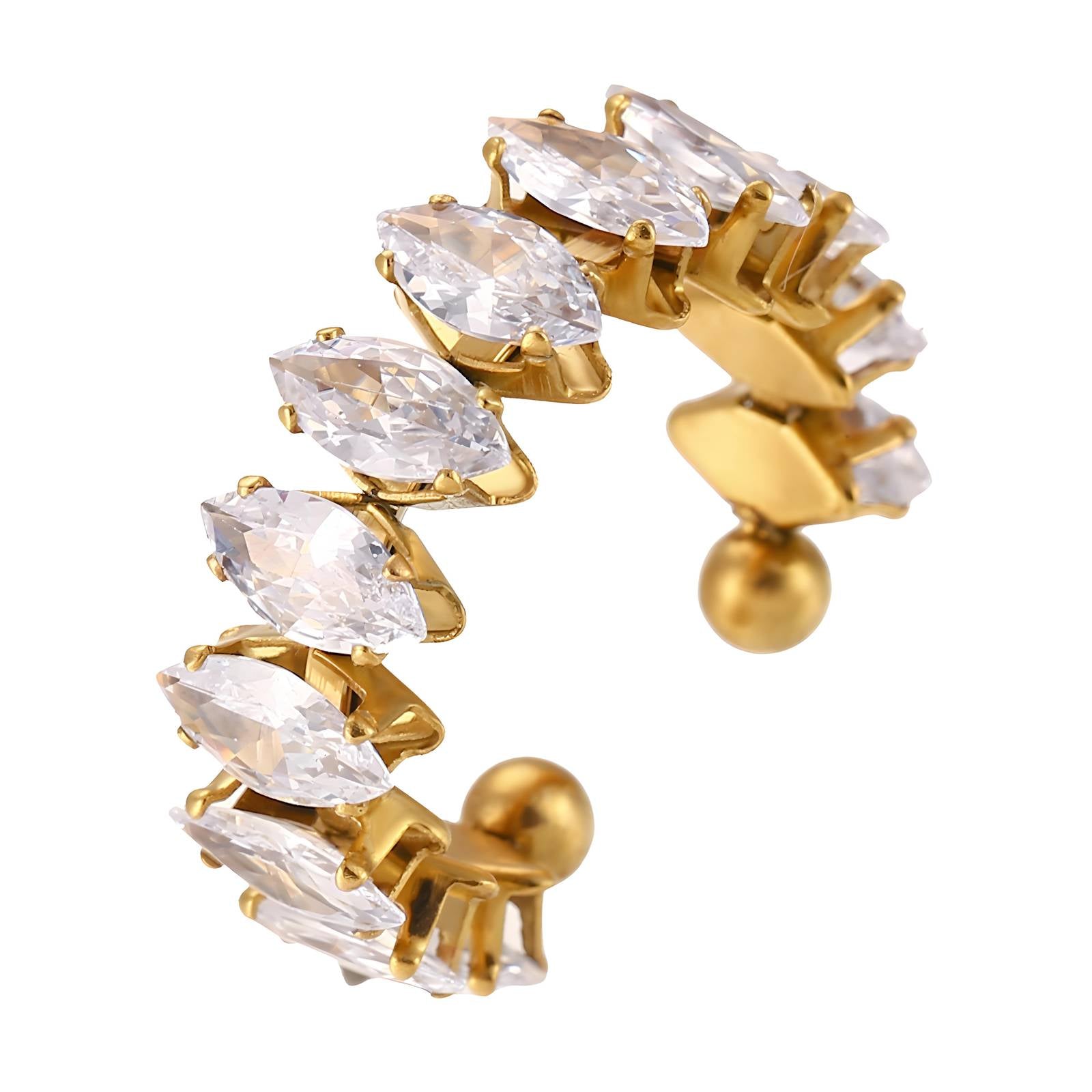Gold ring with marquise-cut stones styled on fingers, symbolizing royalty and faith