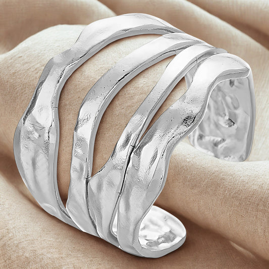 Adjustable sculpted silver wave ring with flowing design for women. adjustable ring.