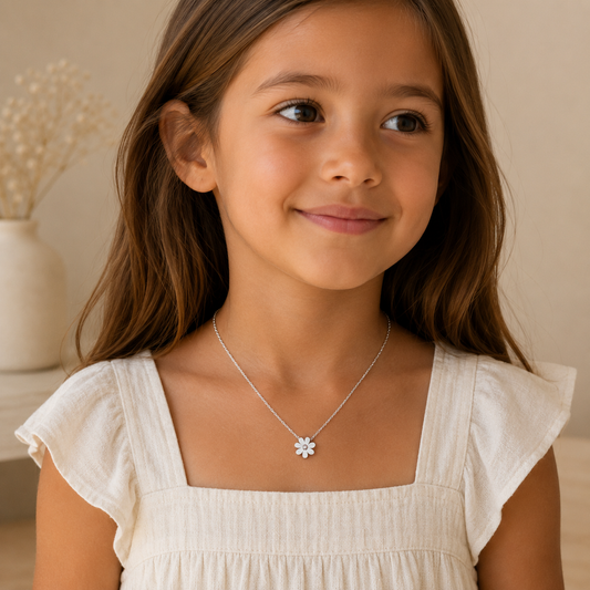 A young girl with long brown hair wearing a delicate silver necklace with a small flower-shaped pendant, dressed in a white top against a soft beige background.