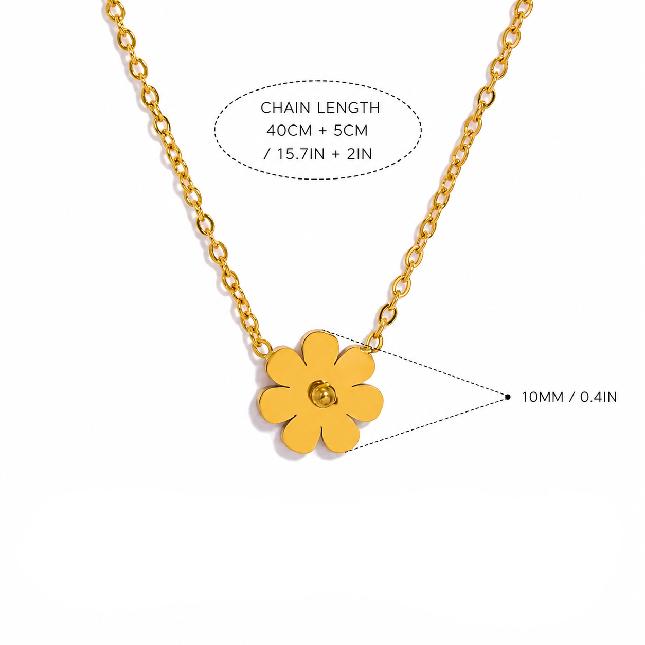 Gold flower pendant necklace on a white background with measurement callouts showing chain length 40cm + 5cm and pendant diameter 10mm.