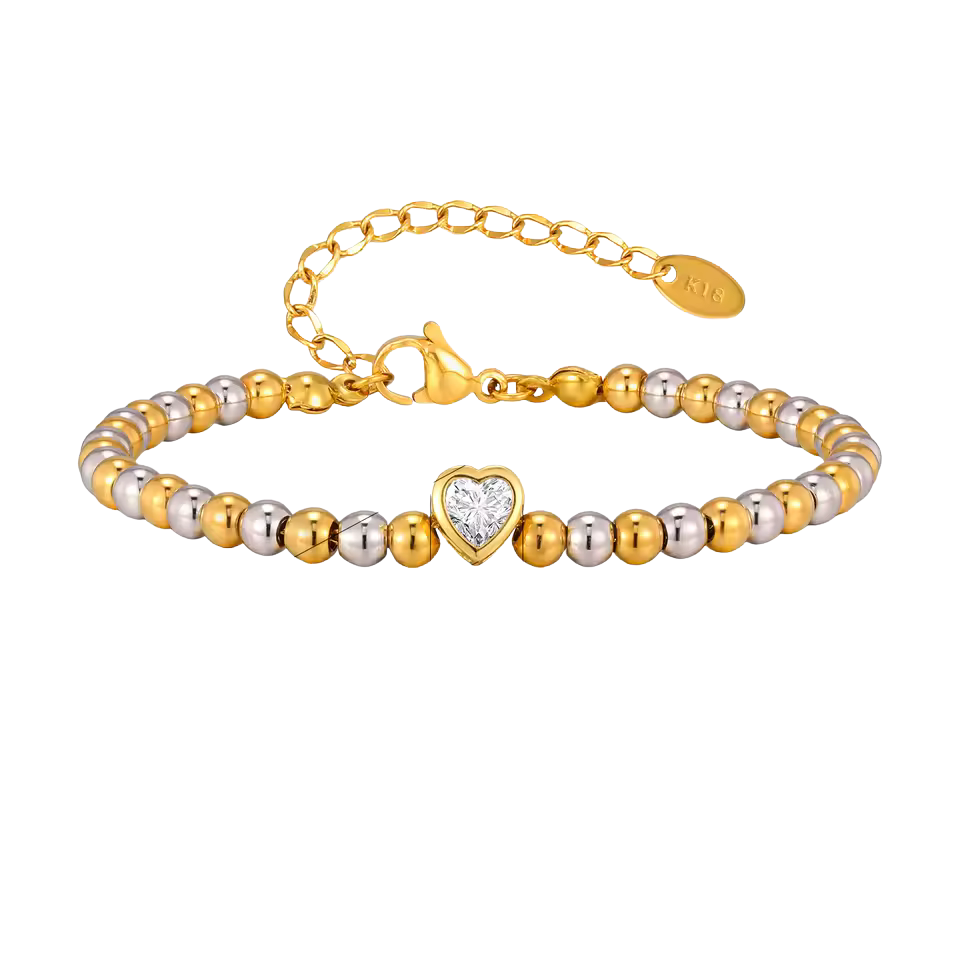 Gold and silver beaded bracelet with a heart-shaped clasp on a white background