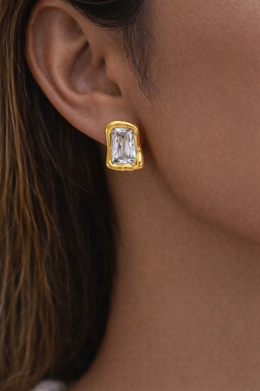 Gold square earrings with clear stone 