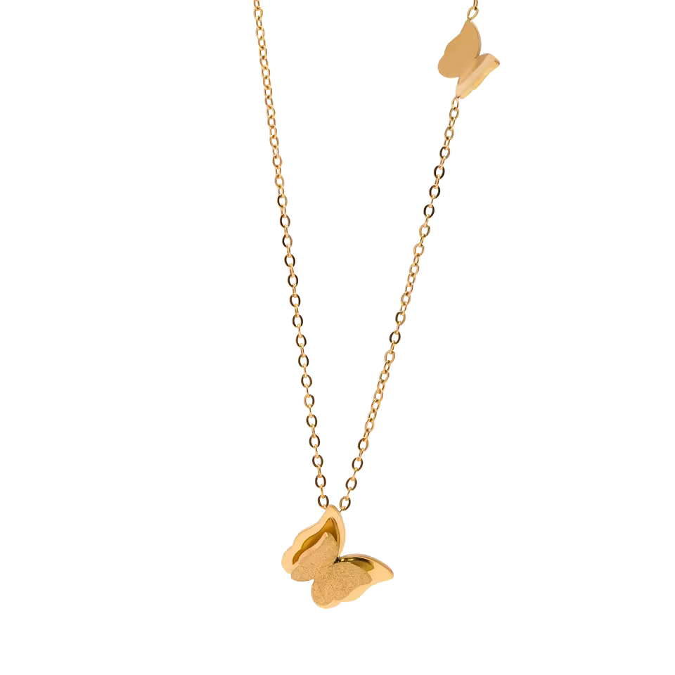 Gold necklace with butterfly-shaped pendants on a white background