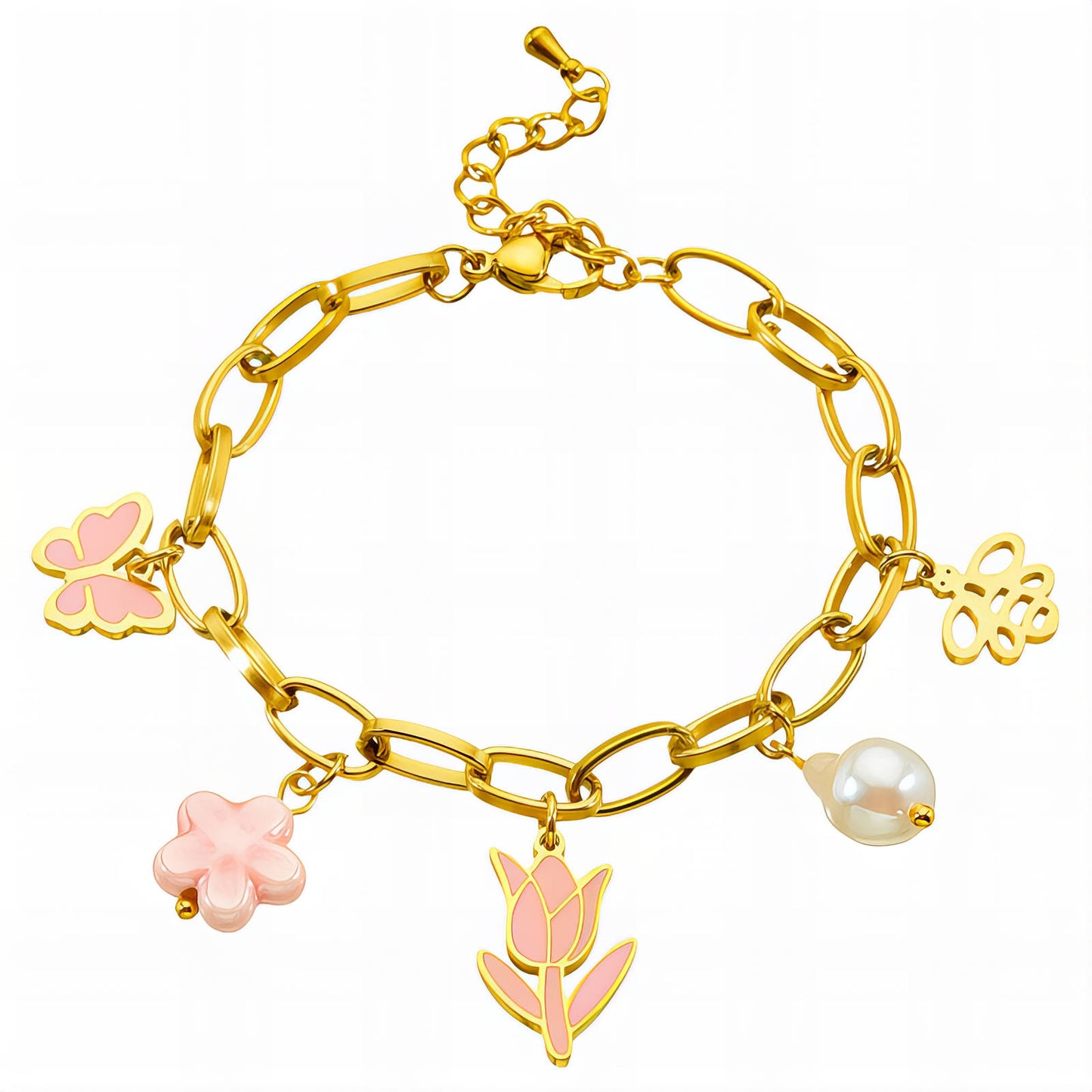 Gold bracelet with pink floral charms on a white background