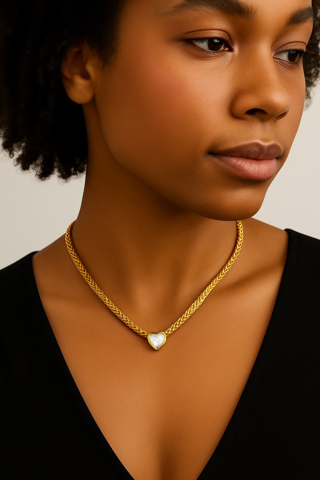 Woman wearing a gold necklace with a heart pendant on a neutral background