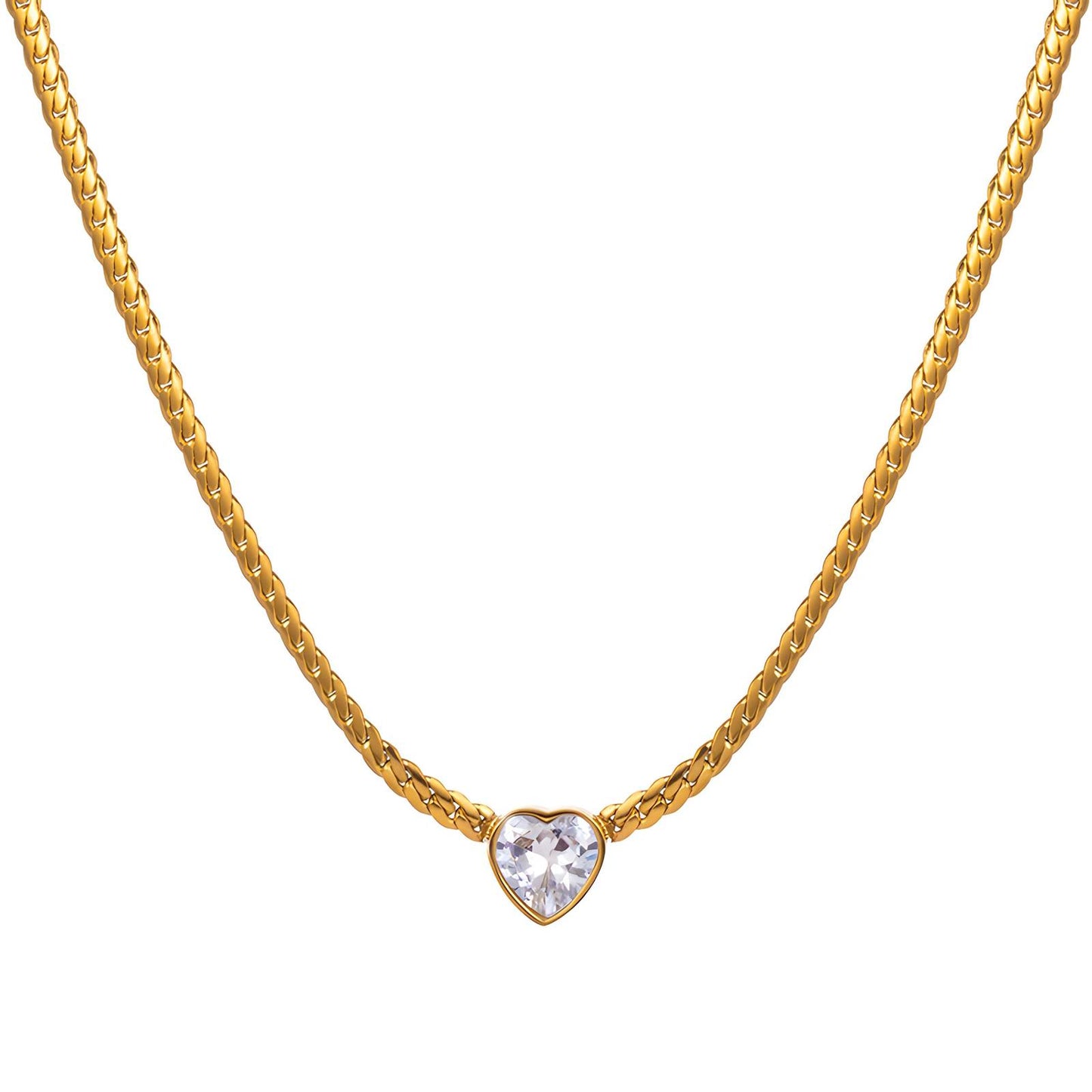 Gold necklace with heart-shaped pendant on model, symbolizing grace and inner light