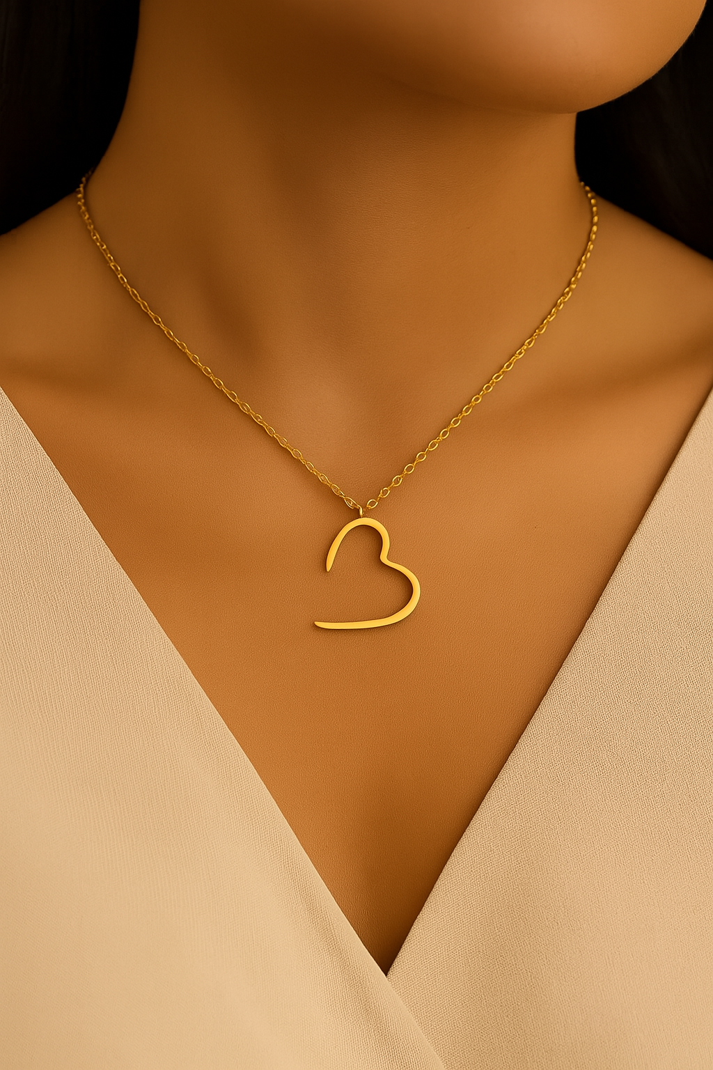 Woman wearing dainty gold open-heart necklace, minimalist romantic jewelry.