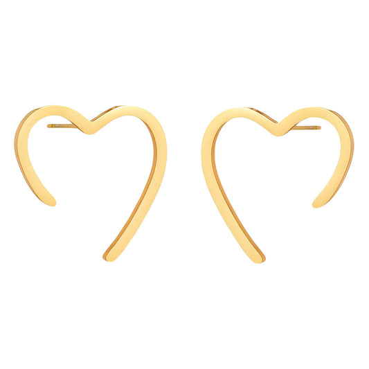 Minimalist gold open-heart earrings shaped like stud, elegant and romantic style.