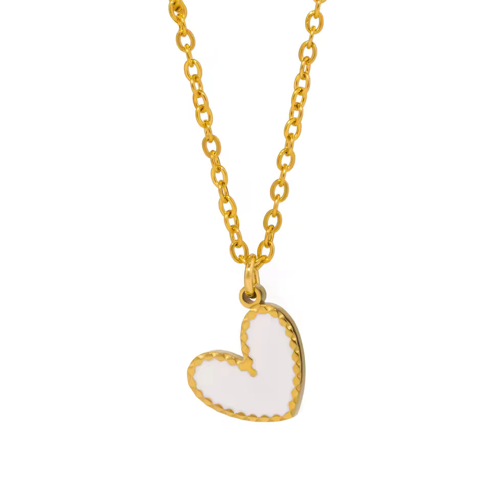 Lean Necklace in white enamel with slanted heart pendant on gold chain