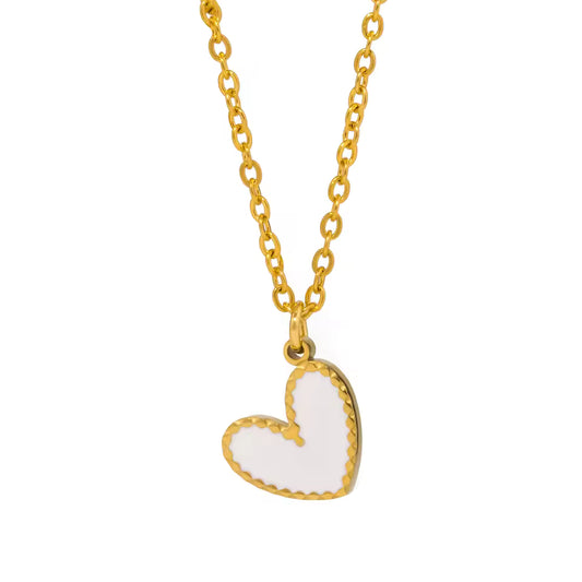 Lean Necklace in white enamel with slanted heart pendant on gold chain