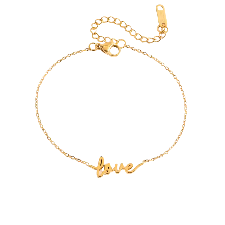 Gold bracelet with 'love' charm on a white background