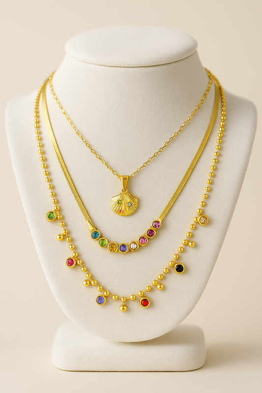 Gold necklace with colorful round charms – Jubilee Necklace by 31:10 Jewelry - Rainbow-tone crown necklace with gold chain – Crown of Color Necklace by 31:10 Jewelry


