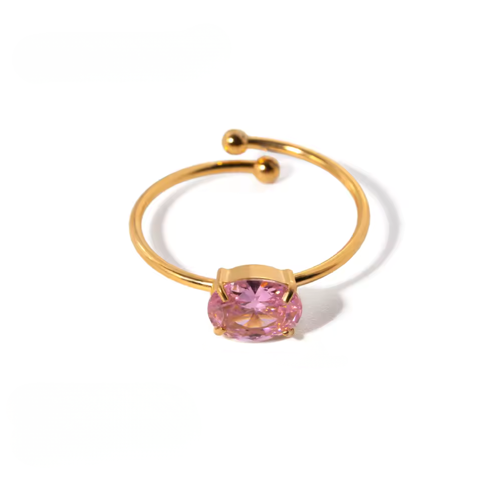 Gold adjustable ring with oval-cut stone in a minimalist open band design.