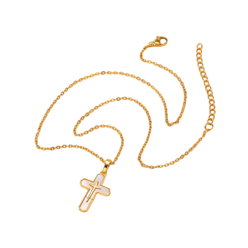 Gold necklace with a cross pendant on a white background