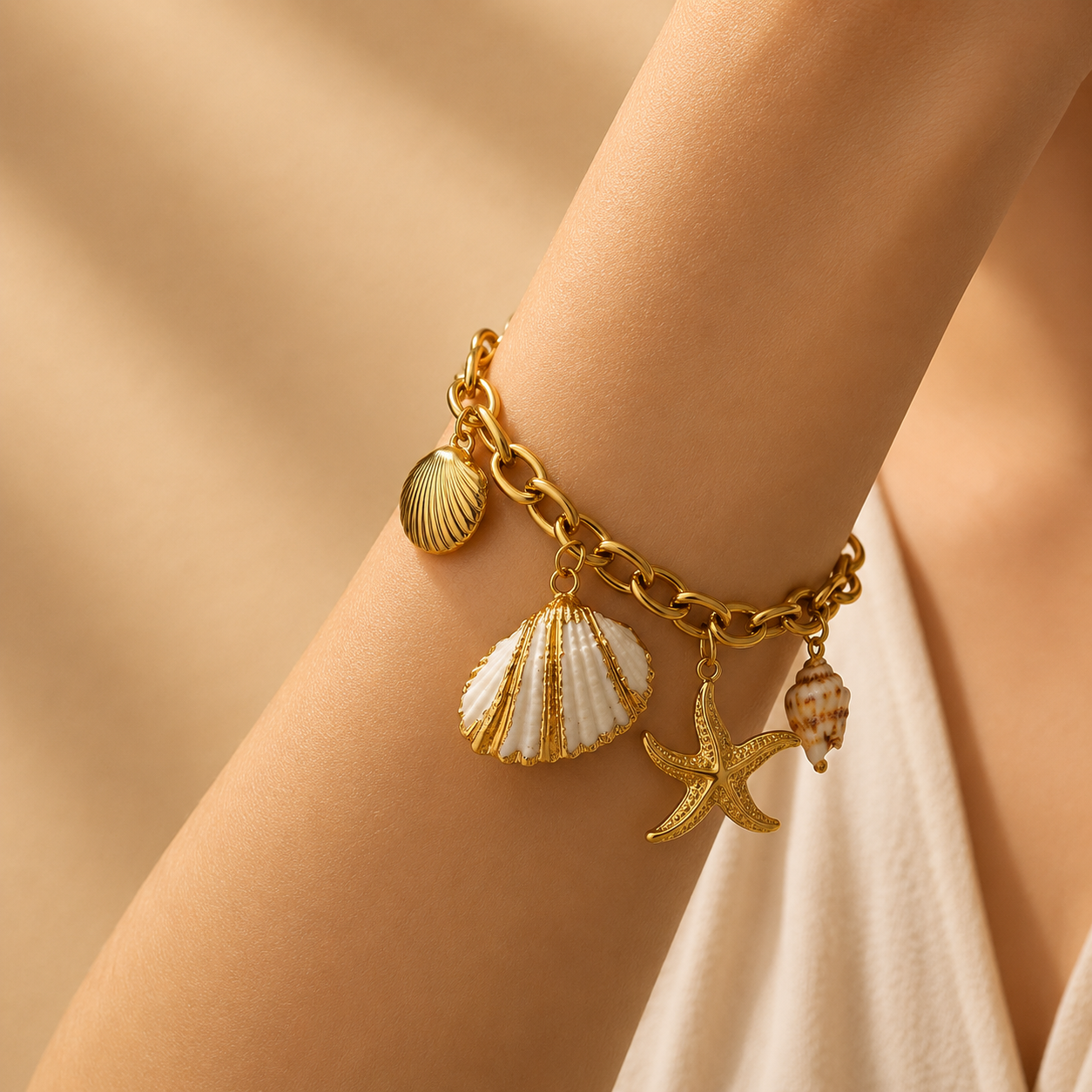 Gold bracelet with shell and starfish charms on a beige background