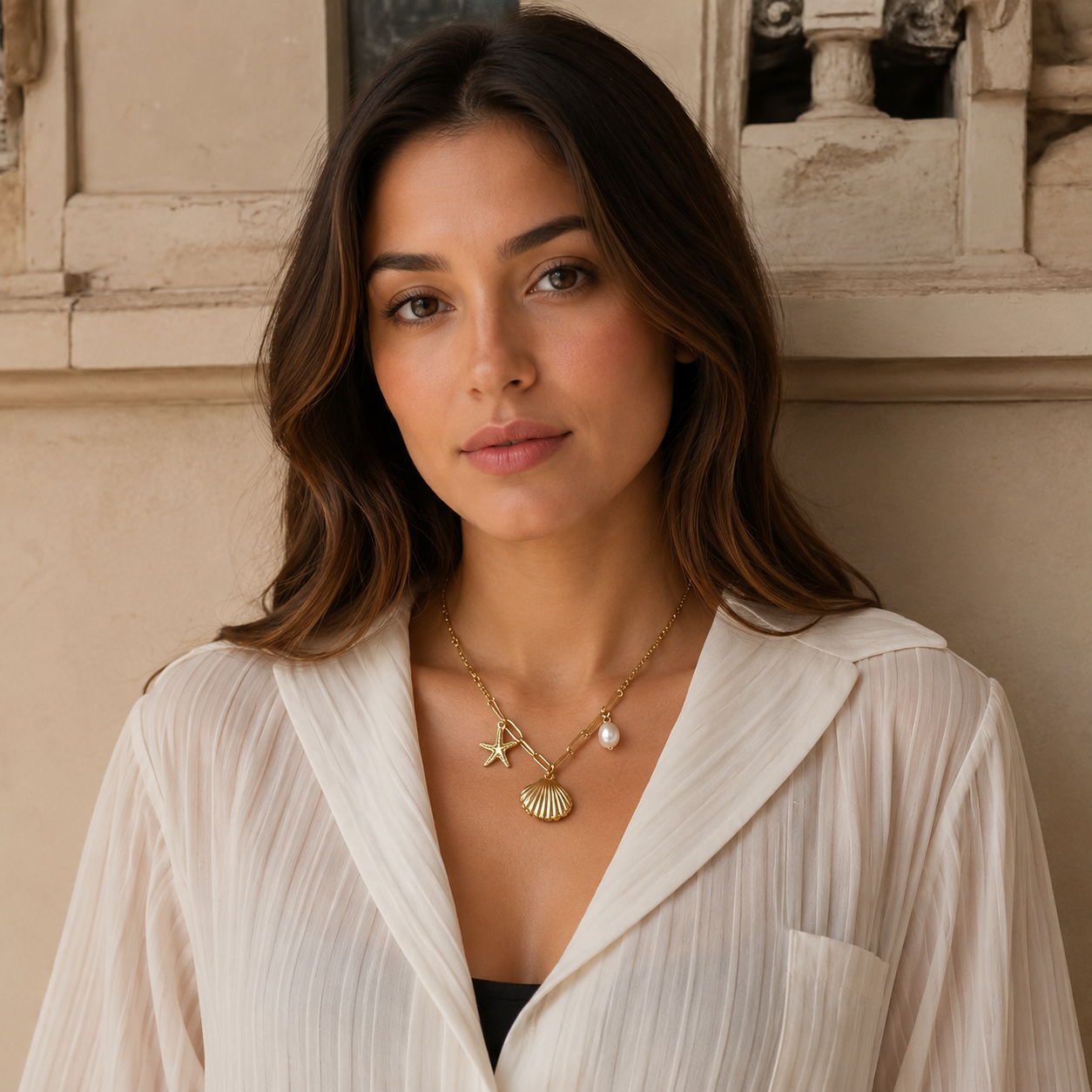 Woman wearing a white shirt and gold jewelry with a neutral background