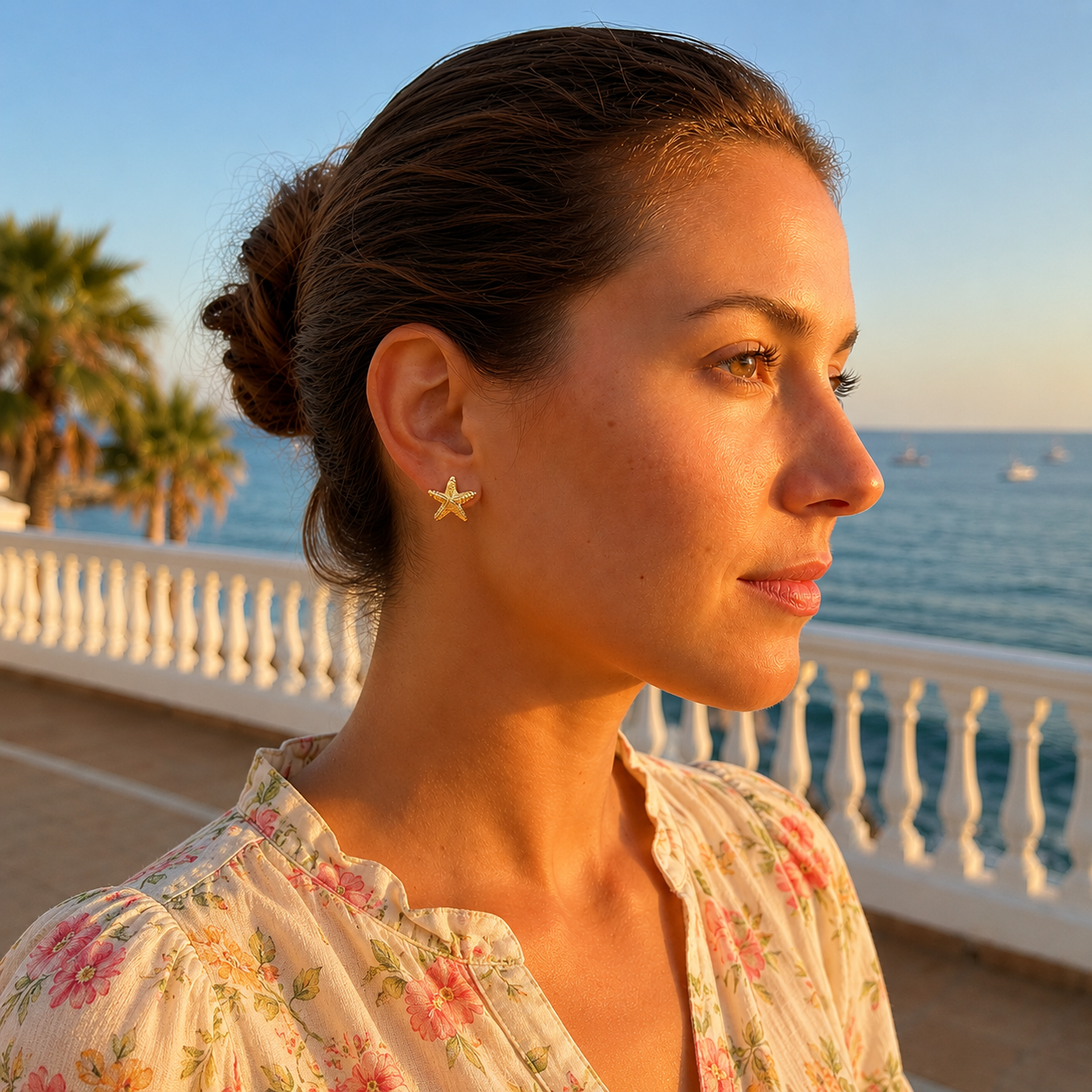 Woman with a floral dress and star-shaped earring standing by a scenic ocean view.