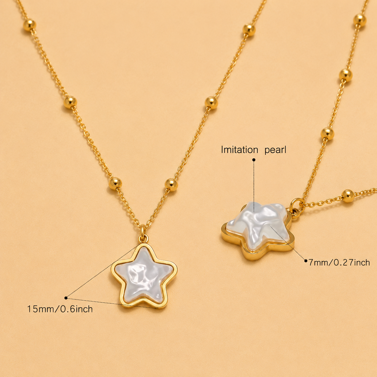 Gold necklace with star-shaped pendant on a beige background