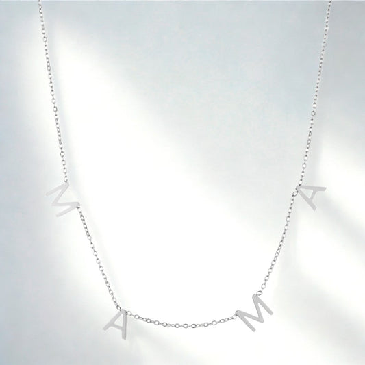 Silver mama necklace with spaced letters on a delicate chain