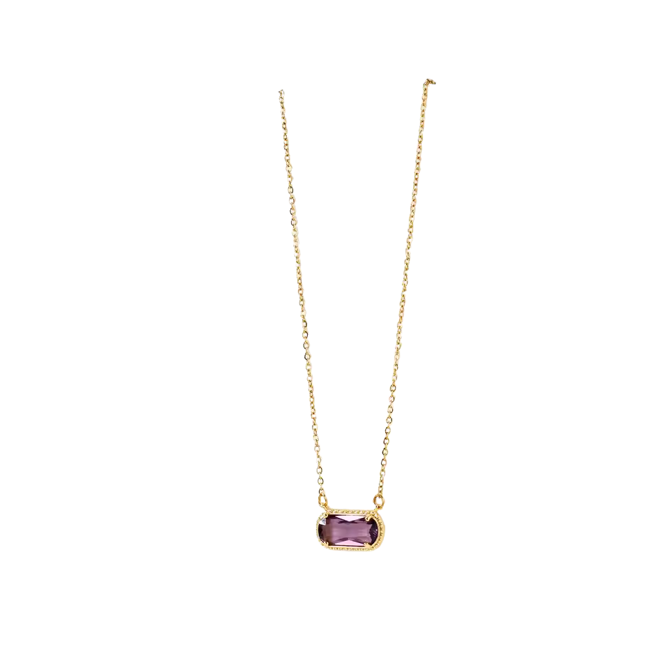 Gold necklace with a purple gemstone pendant on a white background