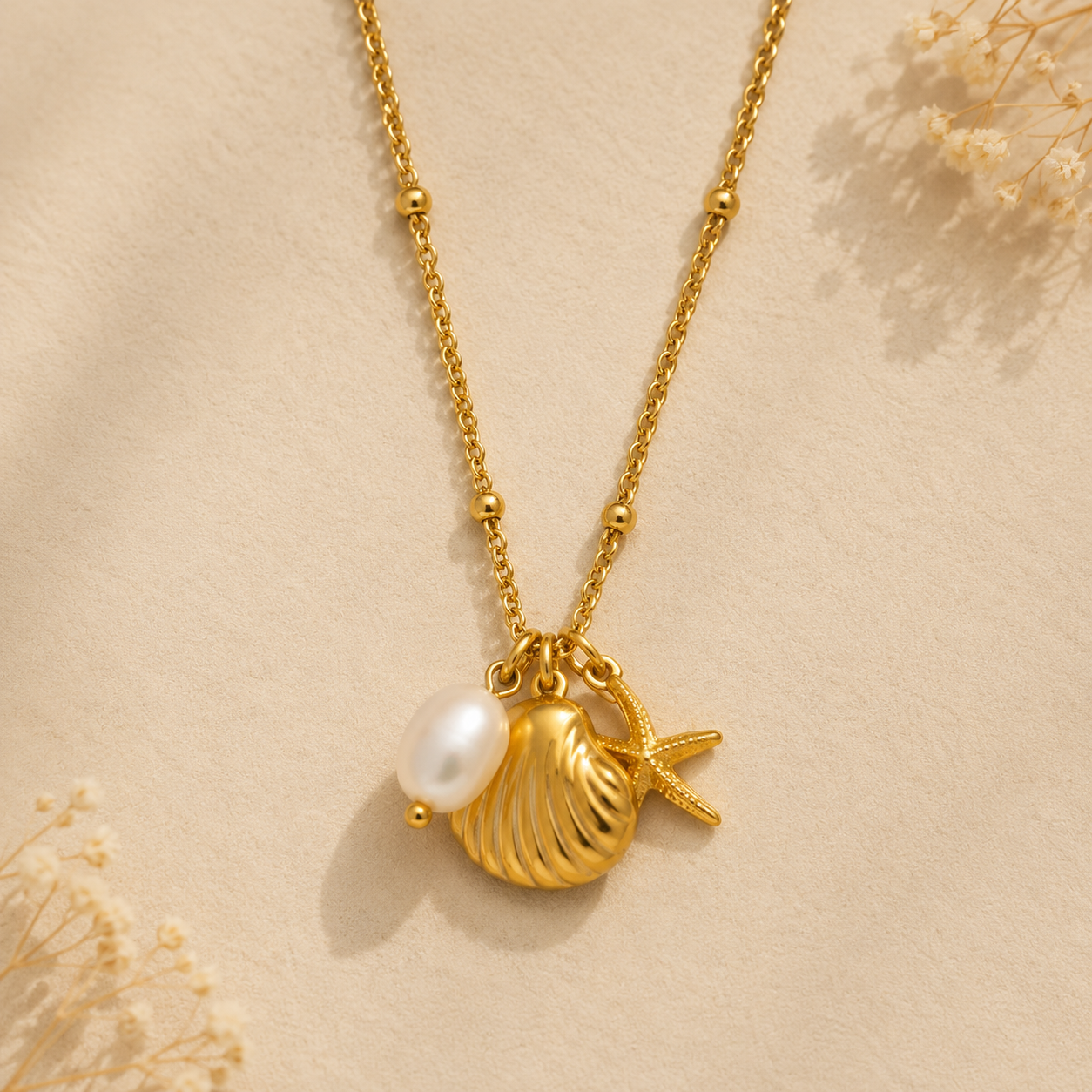 Gold necklace with a shell and pearl pendant on a beige background