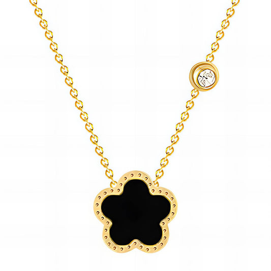 Reversible gold necklace with black and white floral pendant – Amara’s Necklace, two-sided elegant layering piece
